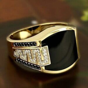 Black Agate Tungsten Steel Gold plated Mens CZ Diamond Ring NWT